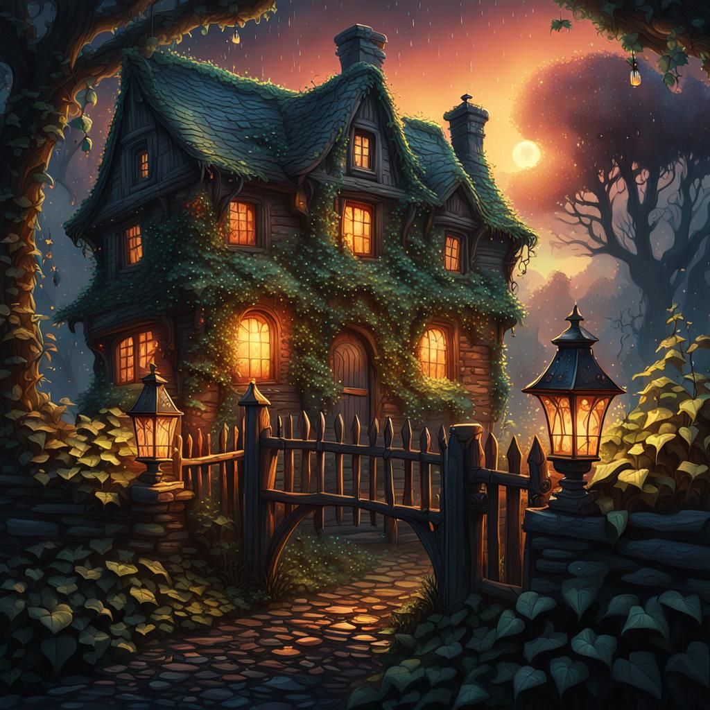 Fantasy Cottage and Ancient Fence in Forest