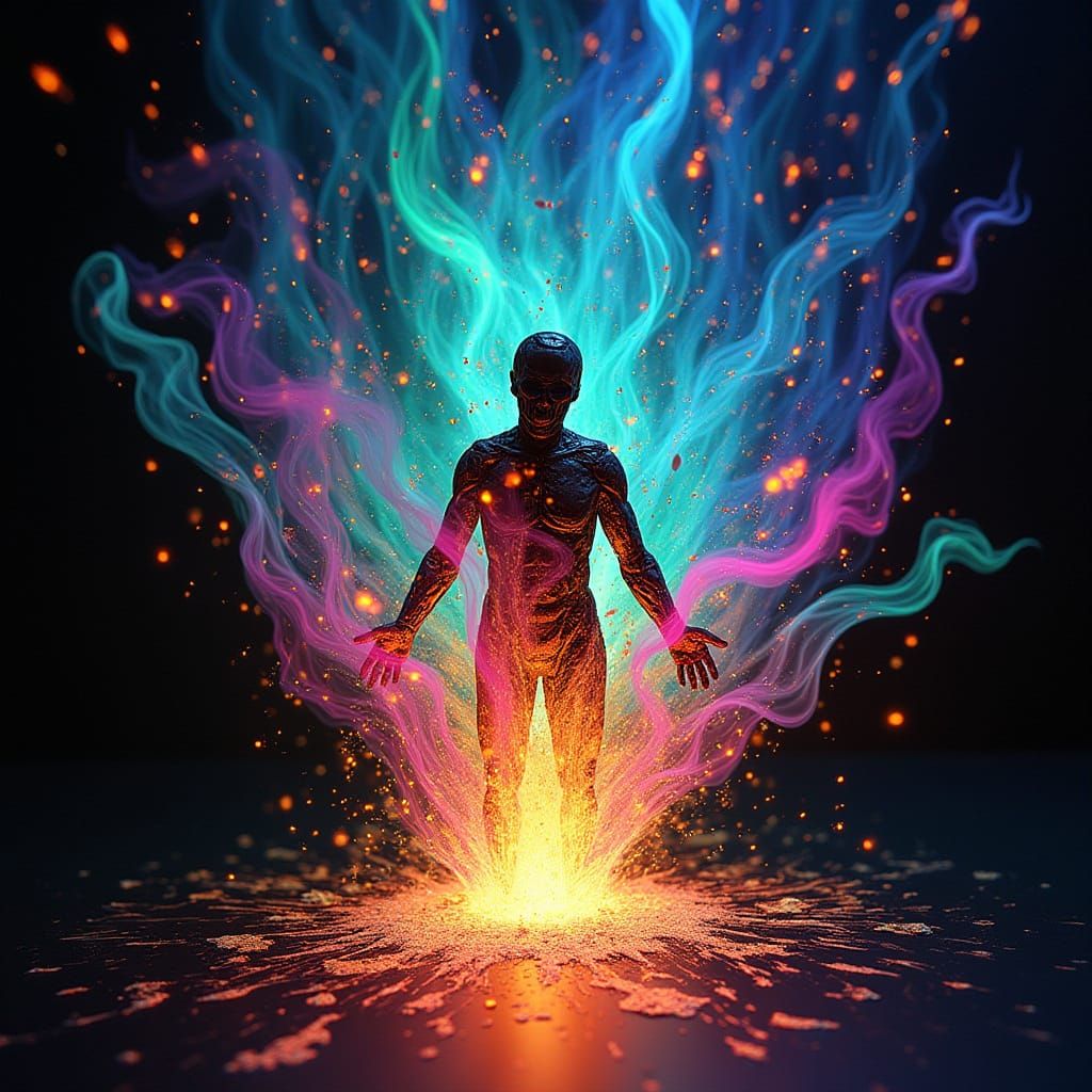 Psychedelic people spontaneously combusting in a shower of psychedelic bioluminescence technicolour