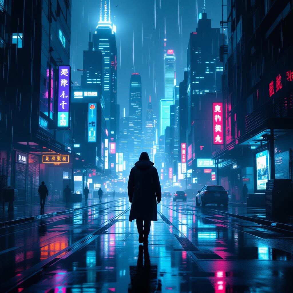Neon Cityscape: Lone Figure in Retro-Futuristic Rain