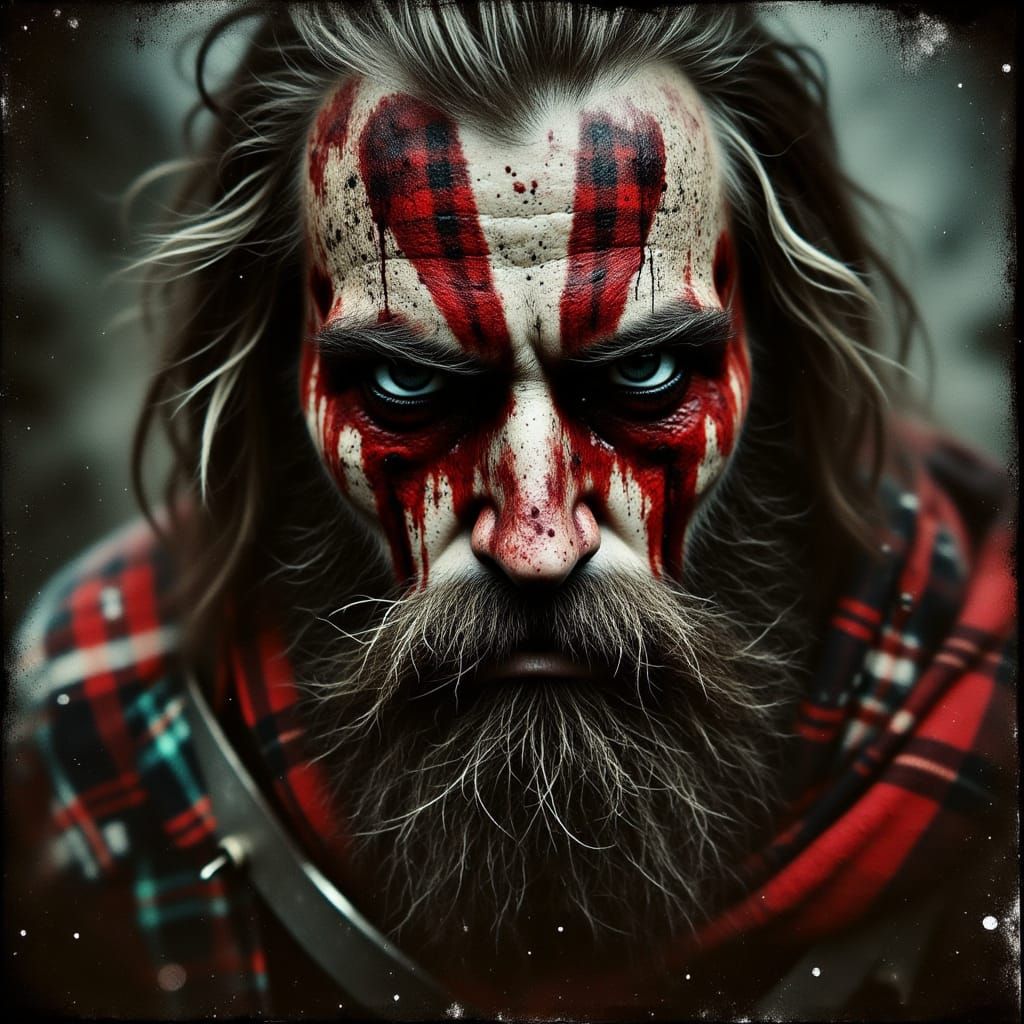 A bearded long haired Scottish highland warrior. He has streaks of red running down his face. His eyes ...  by @Highlander on the run 