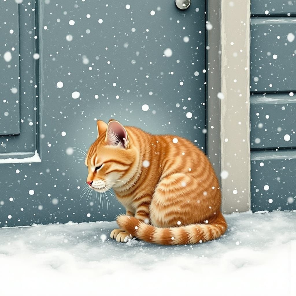<lora:Snowfall Engine V1:1.0>a realistic watercolor illustration of a cat crouching, sad and downcast, cold and huddling, eyes closed agains...