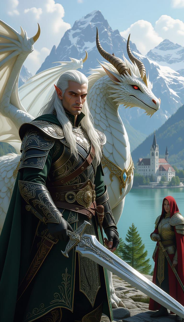 Fae man hero  with rugged long silver hair and piercing Vivid Red eyes with deep dimple scar in cheek, dressed in elaborate fairy soldier at...