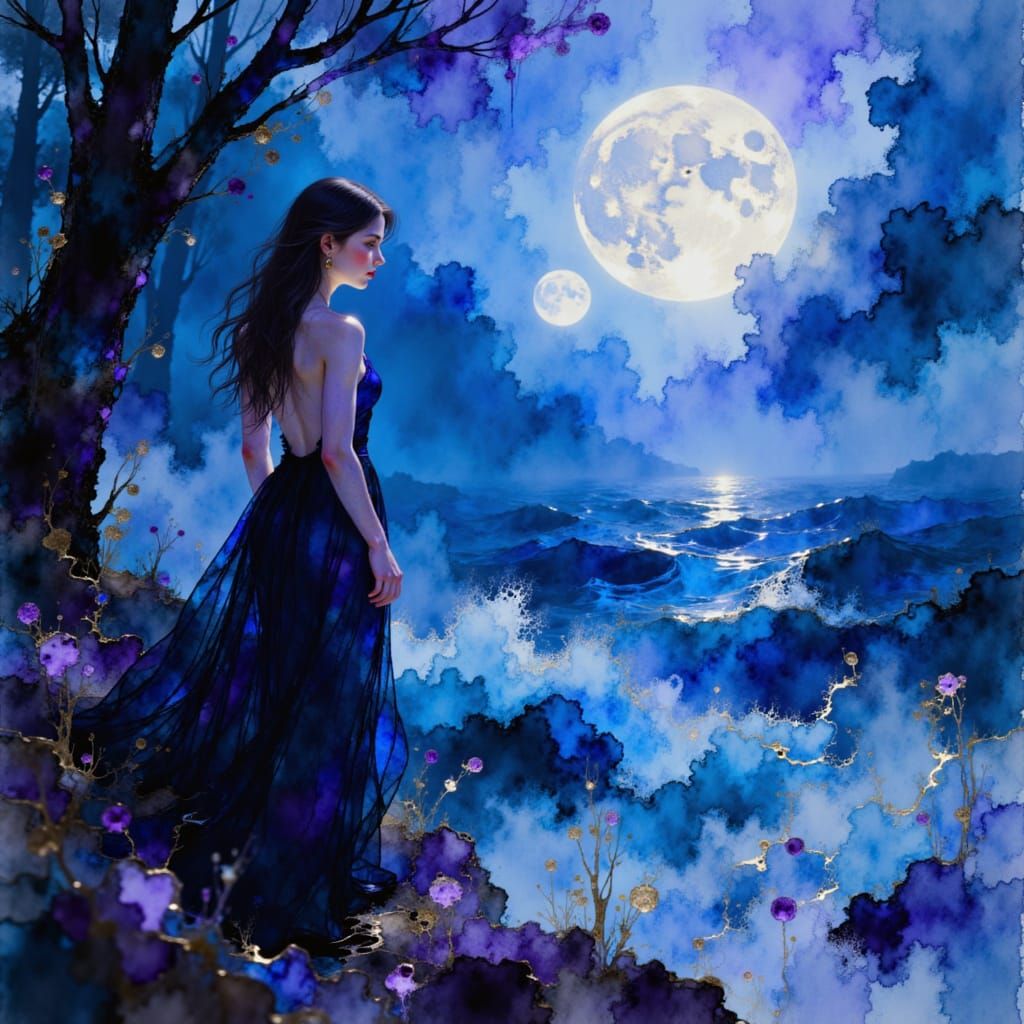 <lora:Art textured paint:1.0> A solitary woman stands on a cliff overlooking a turbulent sea, bathed in the ethereal glow of a double moon. ...