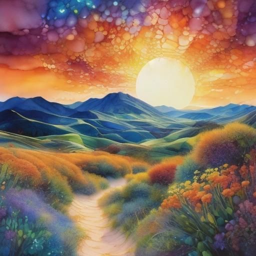 Beautiful field of flowers at sunset <lora:PR Stained Glass:1.0> 