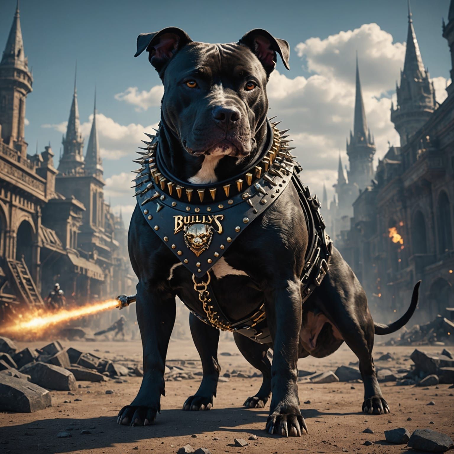 Black pitbull wearing spiked collar and above it text soelling "Bullys wit Fullys" amd the pitbull has a fully automatic weapon