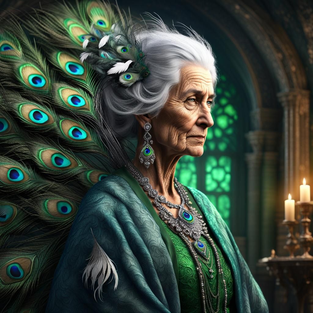 old druid woman with long grey hair and green eyes in a peac...