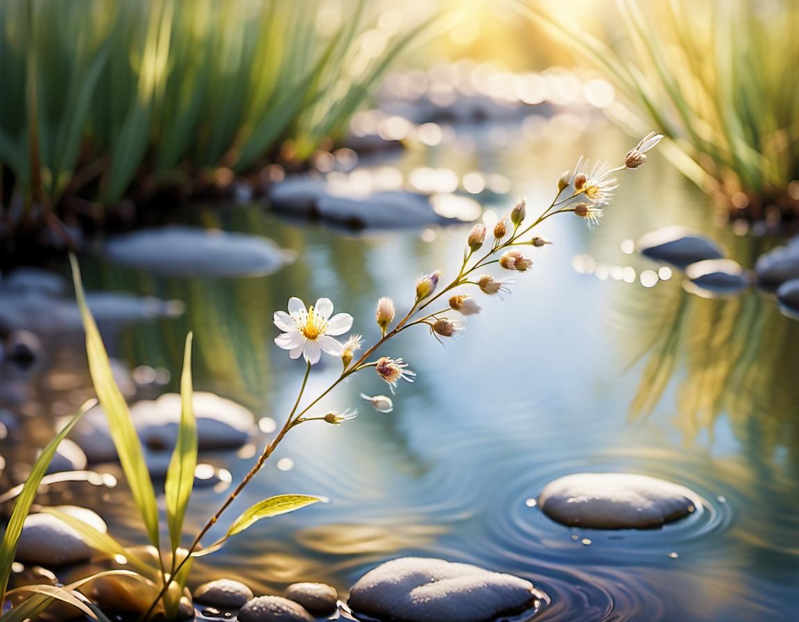 a gorgeous wild little flower by a clear stream, simple beautiful nature, 