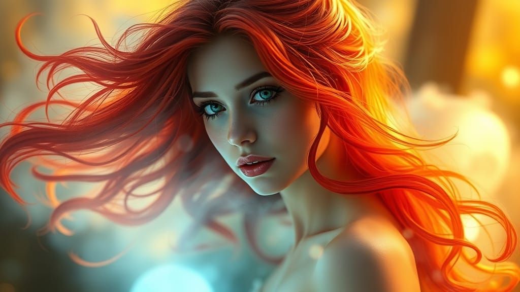 Ethereal Portrait of Giselle with Flowing Red Hair
