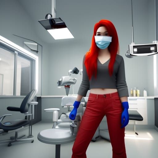 Female dentist with Red hair wearing gloves and a surgical m...