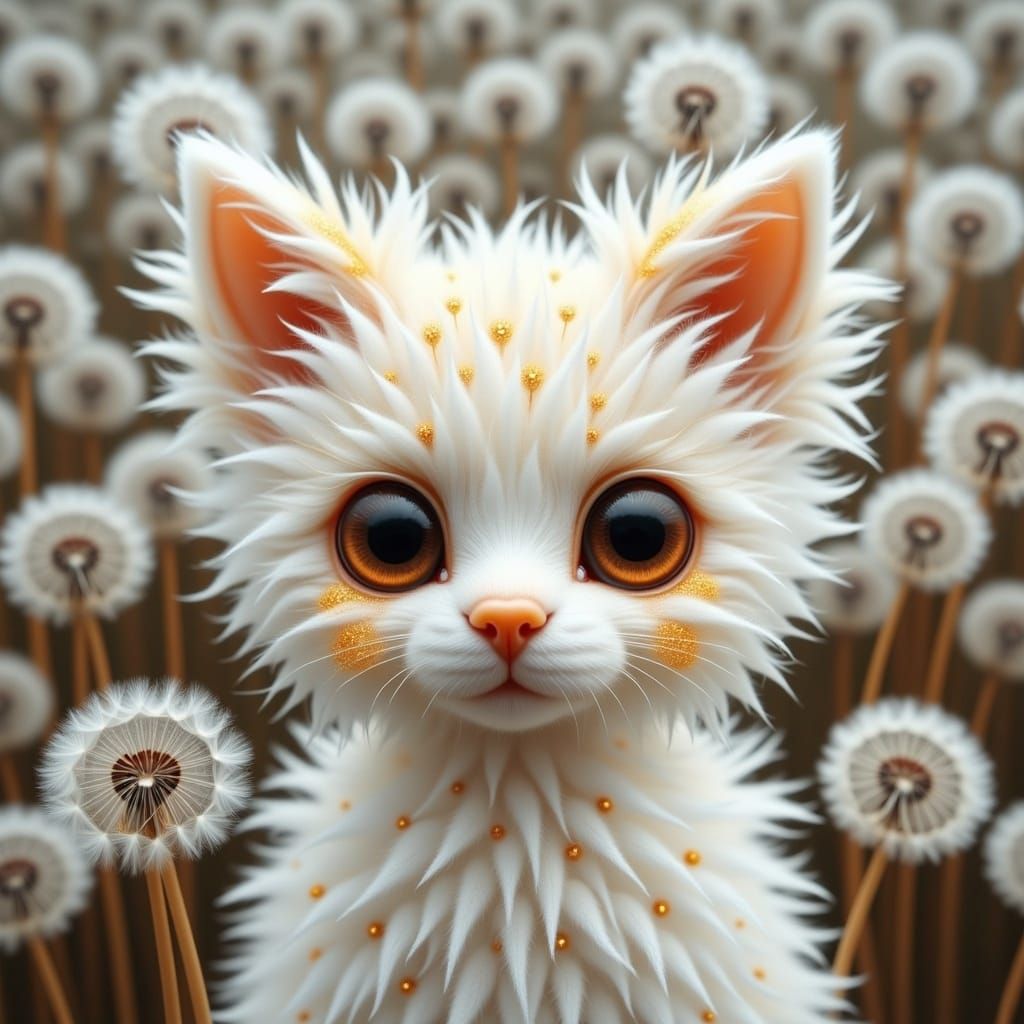 <lora:EtherealDandelion:1.0>A gorgeous ethereal dog made entirely of Dandelion fuffs, with white hairy fluffy hair, beige spots with white w...