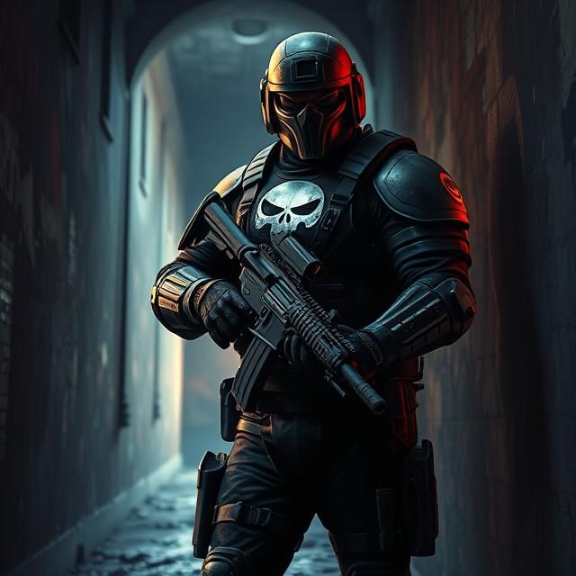 THE PUNISHER DRESSED IN A BLACK TACTICAL GEAR AND ARMY ARMOR...