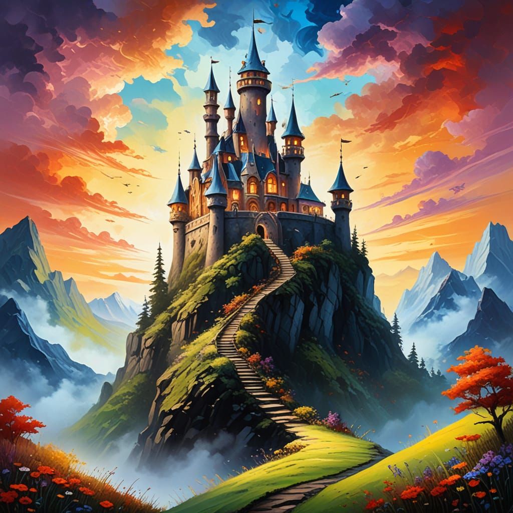 Whimsical Castle Amidst Fantastical Landscapes in Impression...