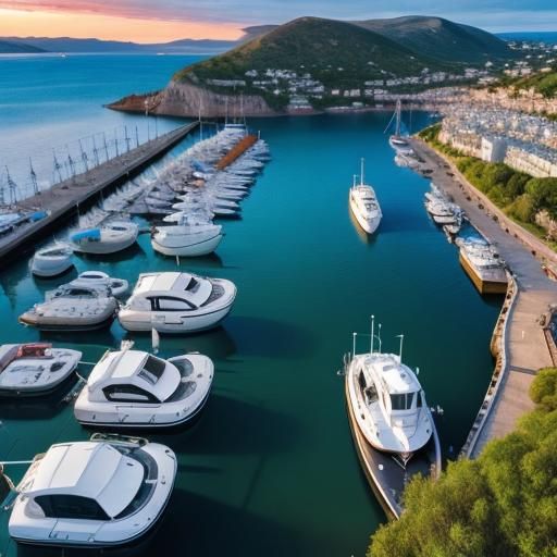 Drone view of a fantasy harbour full of boats. Beautiful lan...