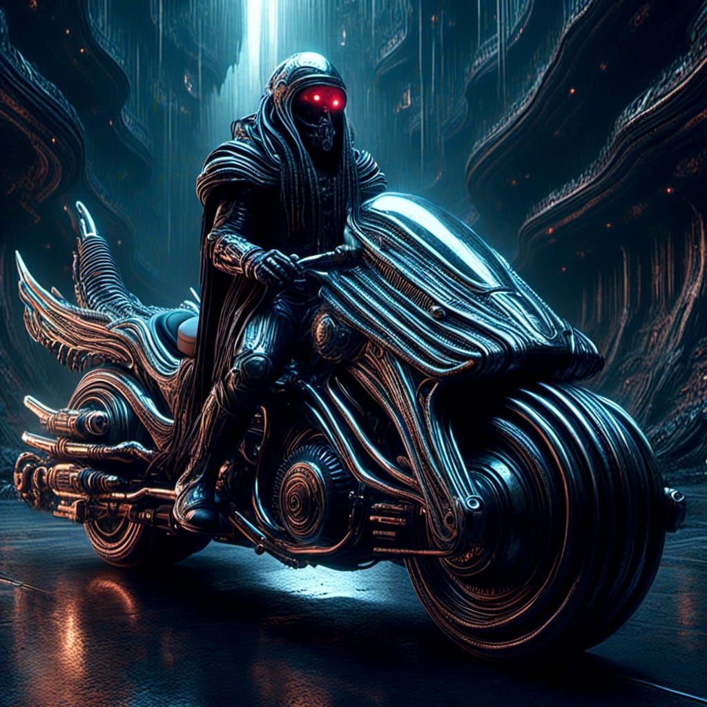 <lora:Xenomorph:1.0> A wizard riding a futuristic motorcycle.