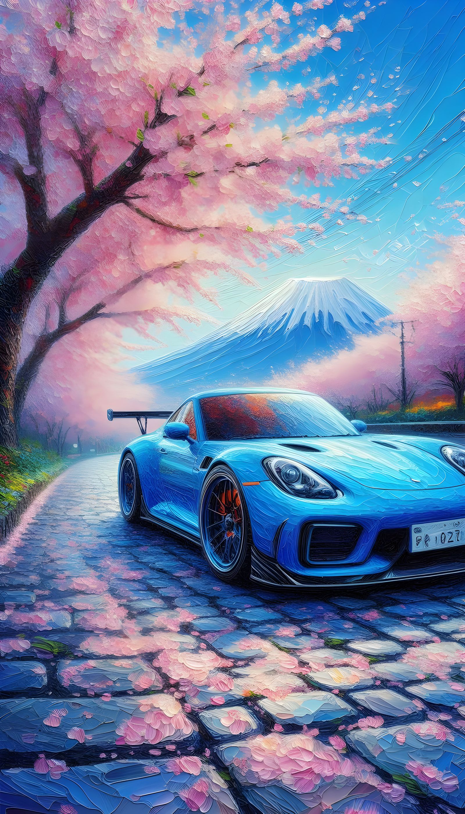 Bright Blue Sports Car Under Cherry Blossoms | AI Oil Painti...