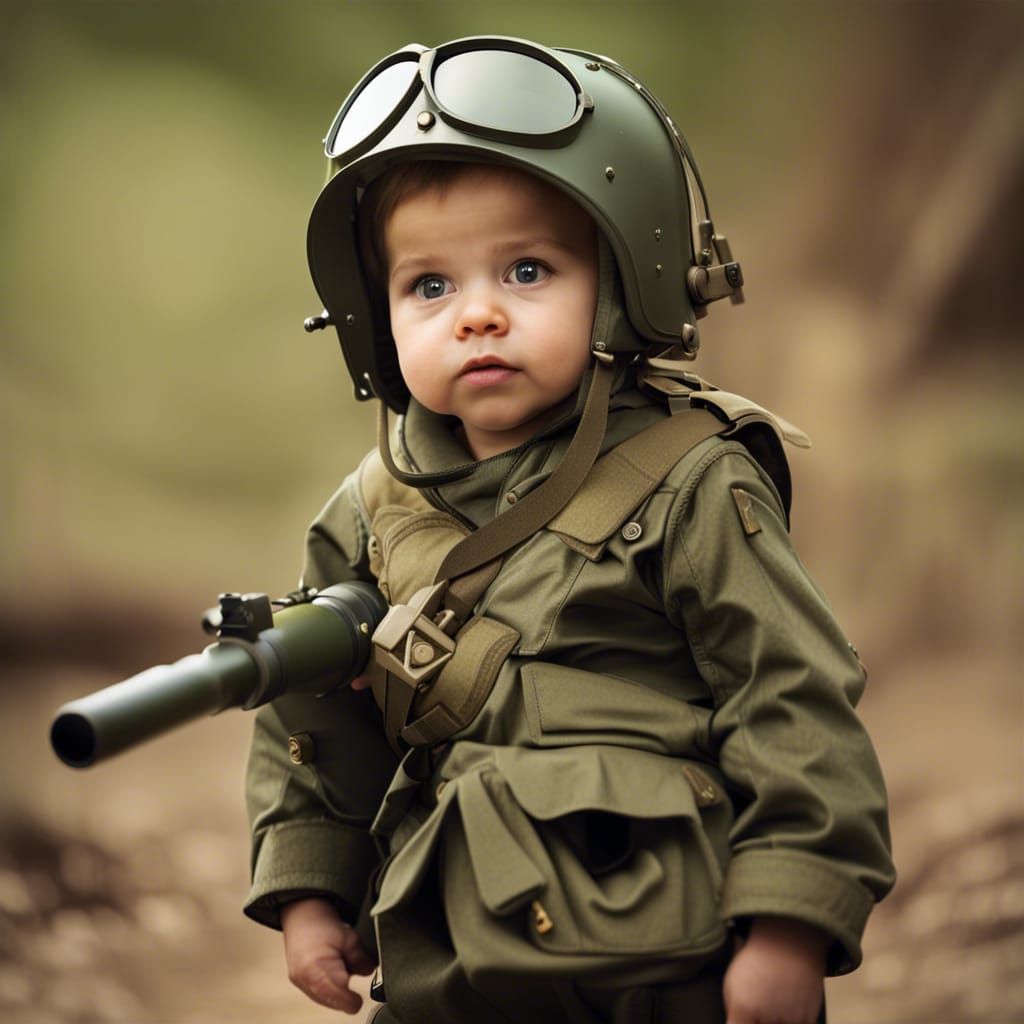 High definition of a baby in army outfit holding a bazooka