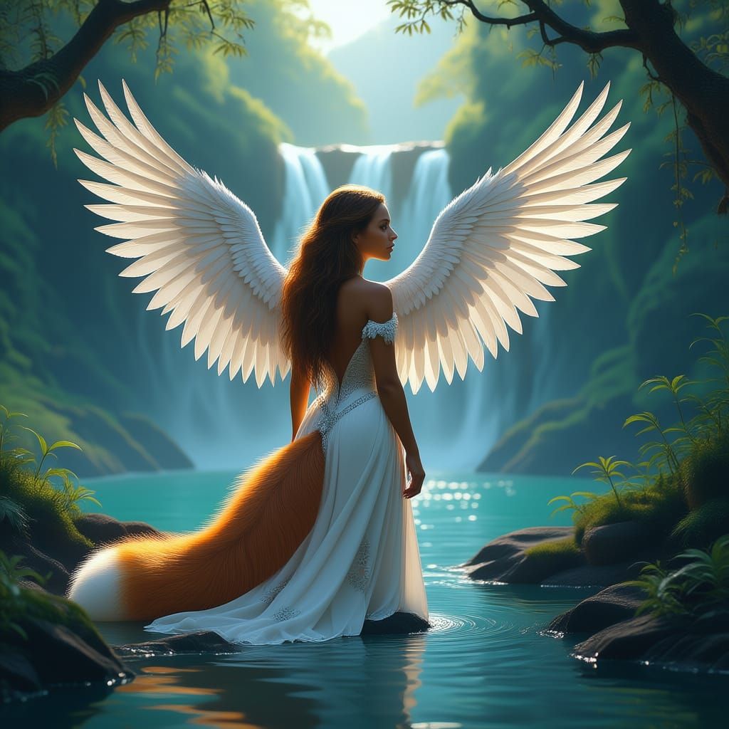 A majestic fox woman with large, feathered wings, adorned with delicate floral patterns, stands at the precipice of a hidden waterfall casca...