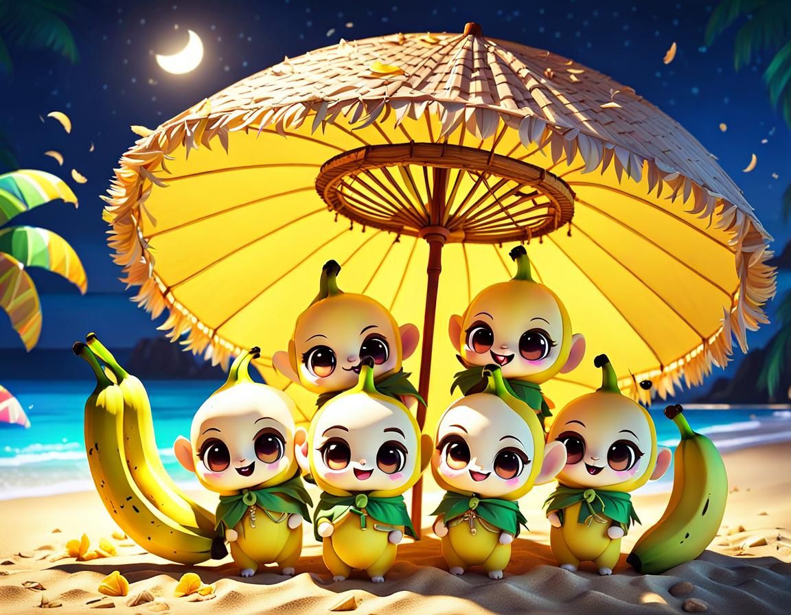 A group of Cute funny chibi anthropomorphic baby bananas wit...