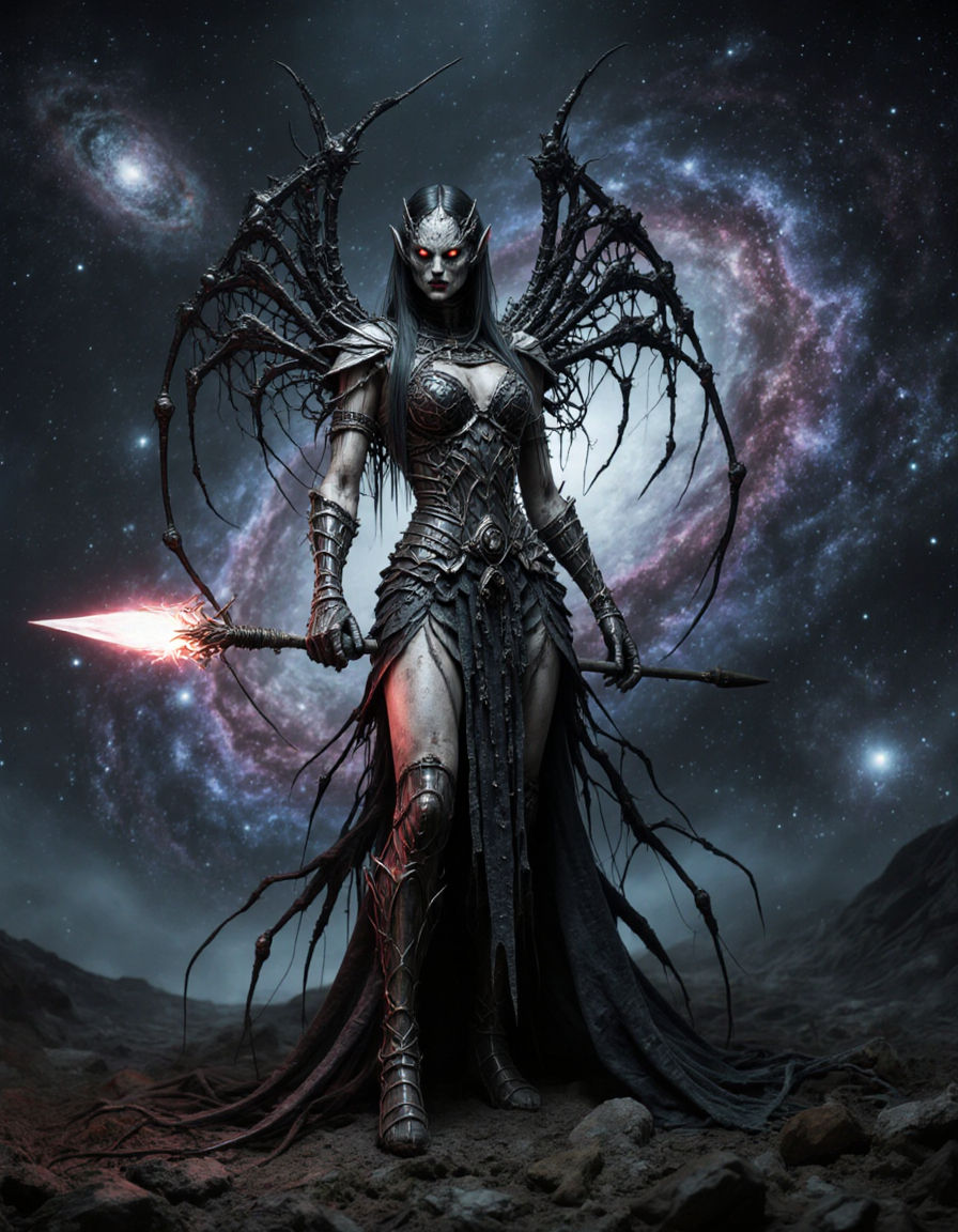 A majestic Amazonian woman warrior, adorned with celestial a...