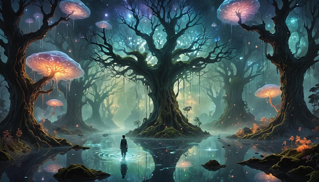 person imagining an eerie scene of their soul's journey navigating the shadowy realm's complexities.  by @ih432