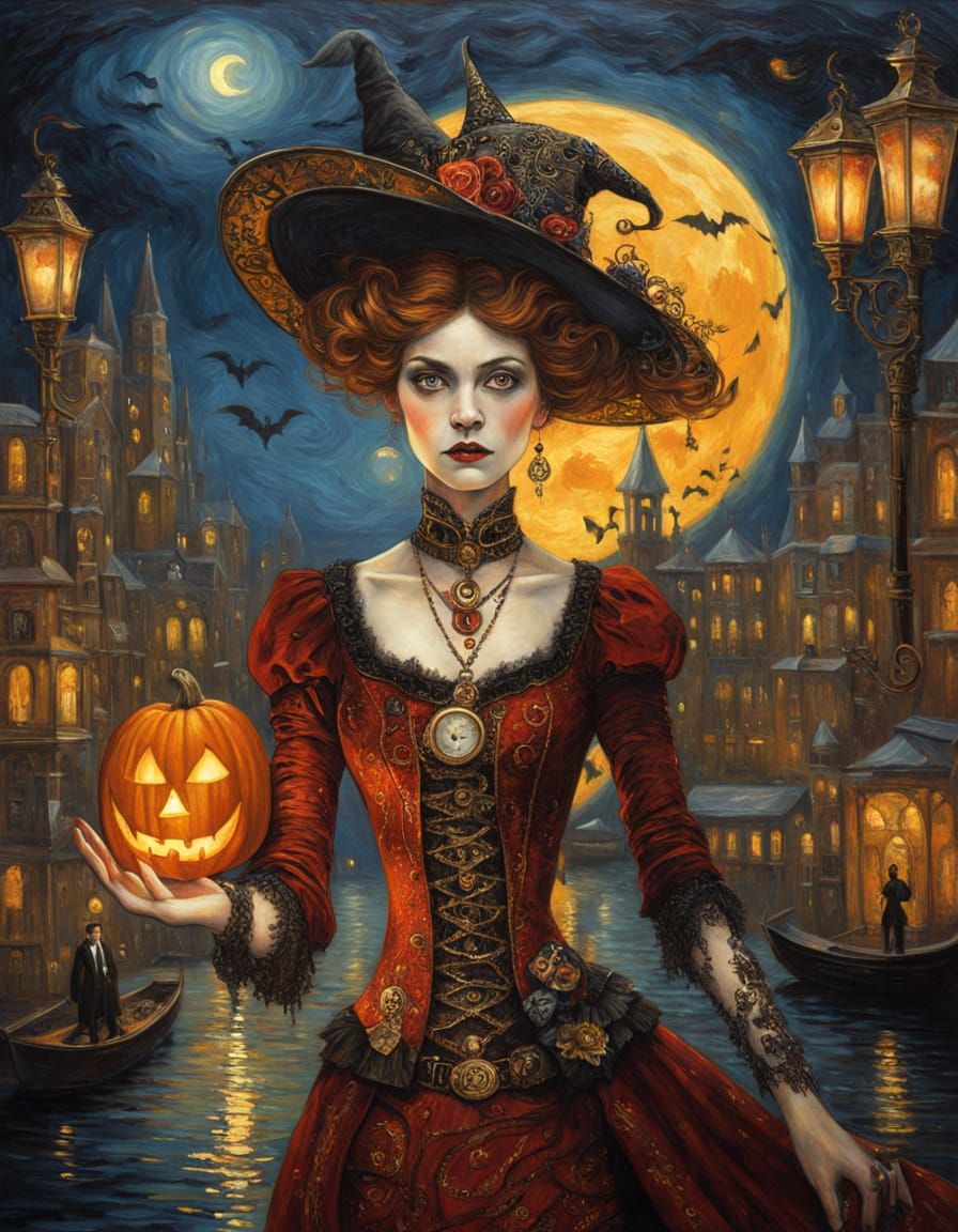 Steampunk Halloween Witch in Oil Painting Style