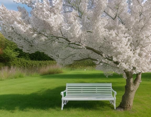 one lush branch of white lilac hanging over the bench