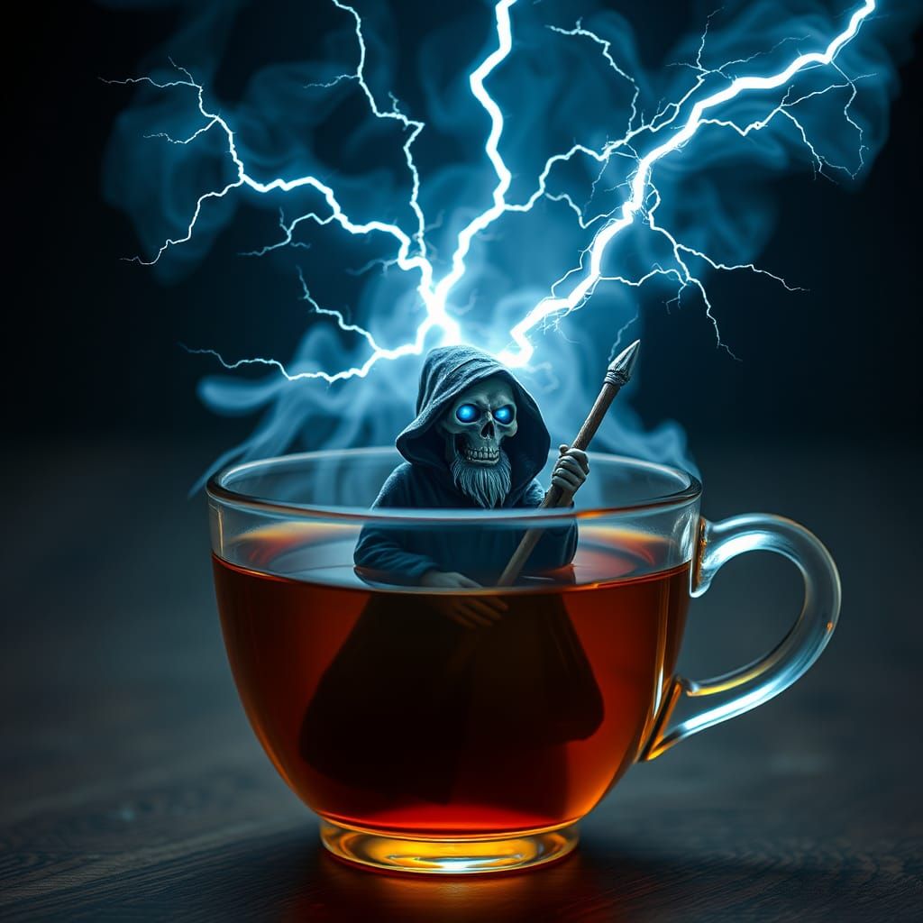 Skull Wizard in Teacup, Surreal Digital Art