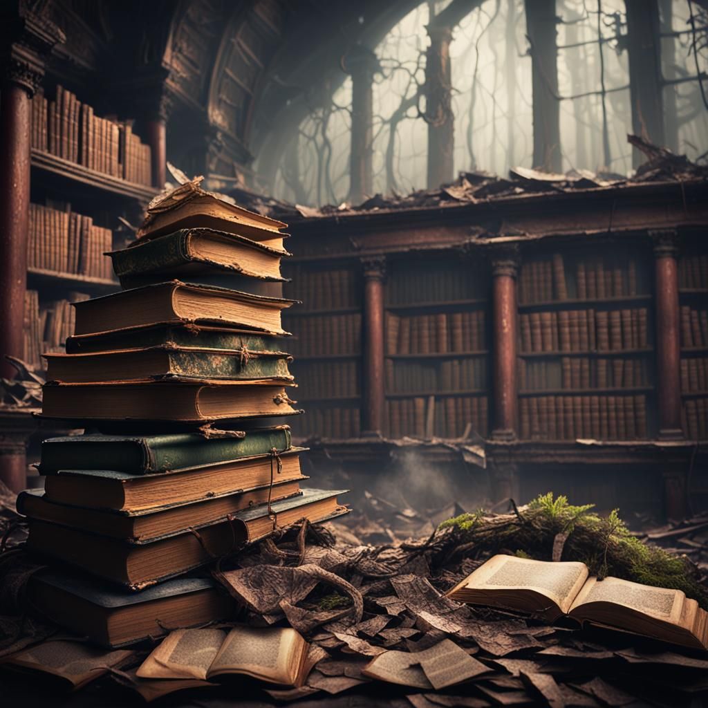 old books in destroyed library  by @Hace