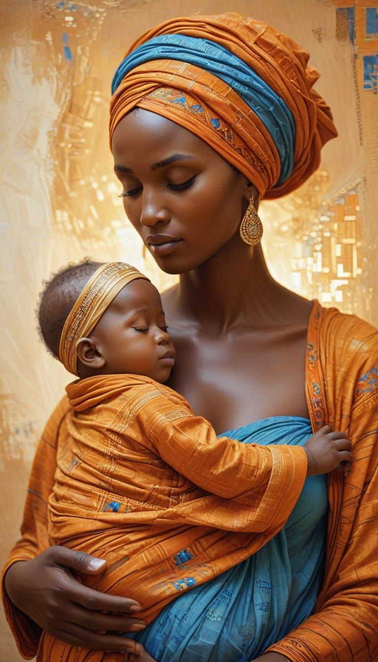 Visually sticking earth tone Painting of a mother and her child. the mother is wearing a traditional ...  by @Zwelinzima 