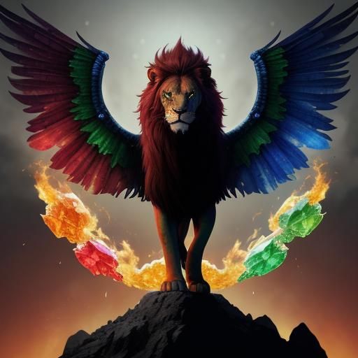 Fiery rainbow lion with six wings, standing on  a crystal pl...