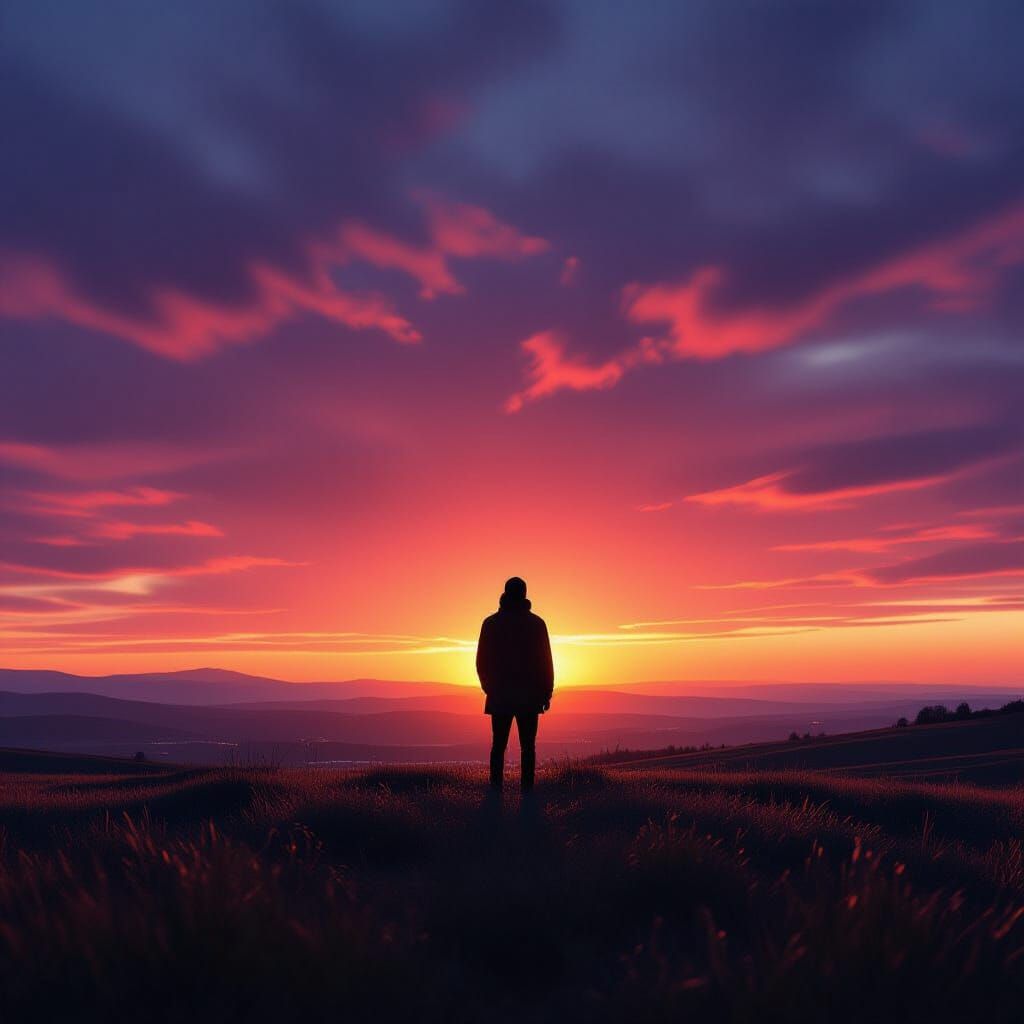 Solitary Figure Against Vibrant Sunset Sky