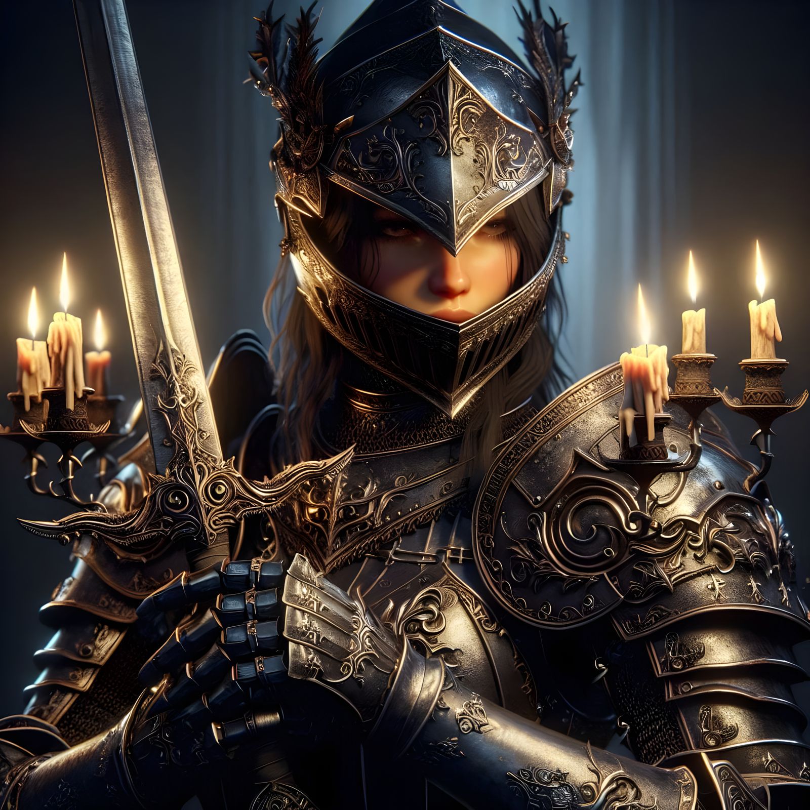 Lux Tenebris, gothic knight wearing light armor