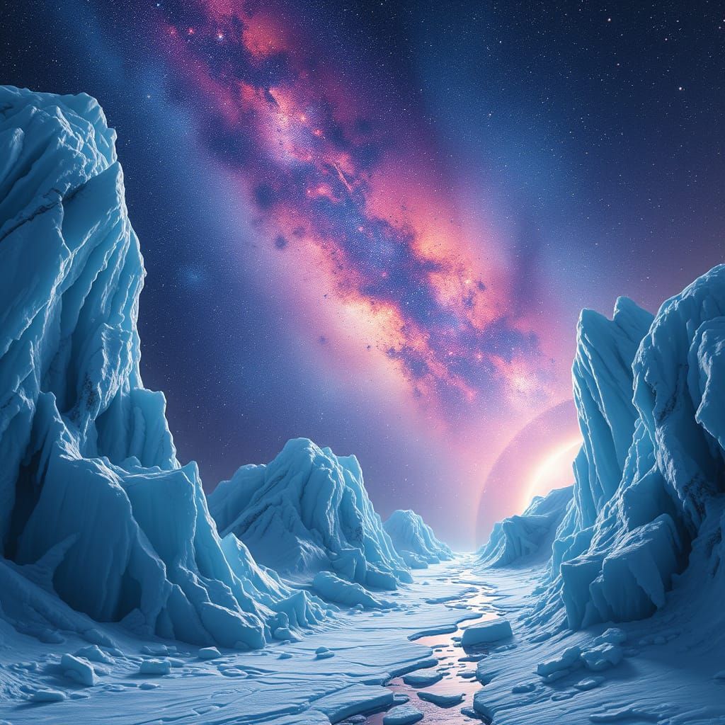 view of space, frozen galaxies with ice at the edges against a star-studded background  by @aradama