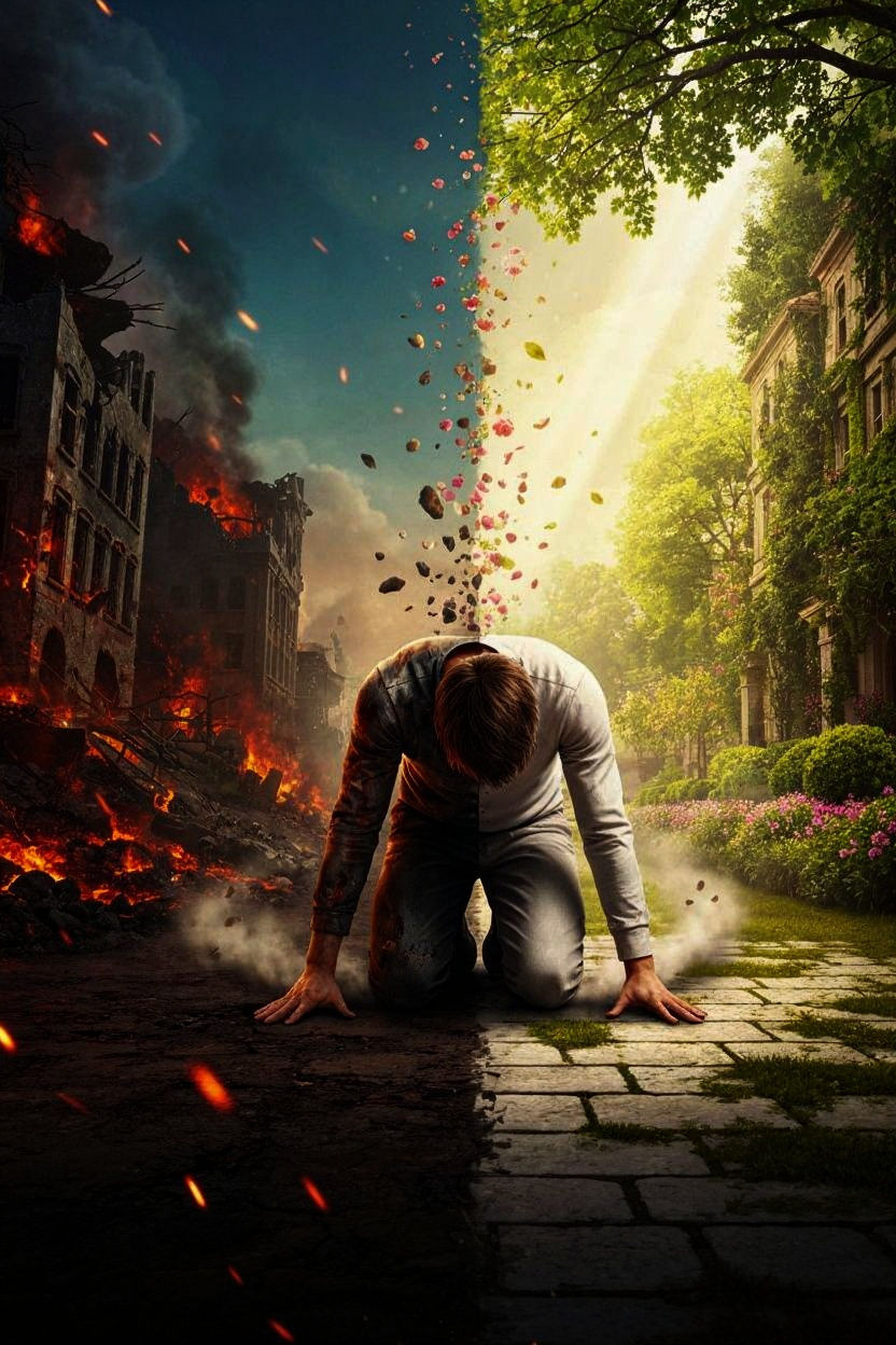 Ruin and preservation, a lone man sagging kneeling in anguish, his hands placed on the ground in emotional ...  by @morr5750