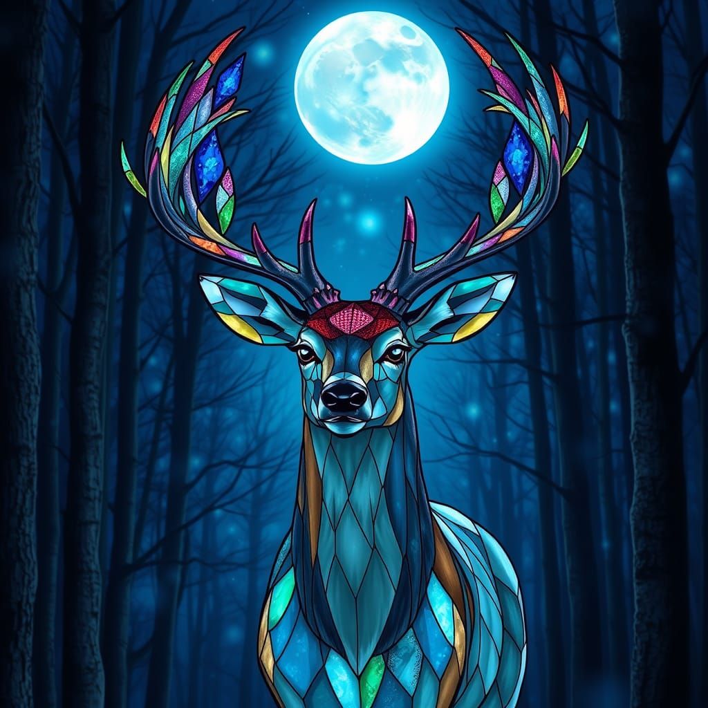 envision a majestic deer with antlers made of stained glass, standing in a moonlit forest. The stained ...  by @NOSHF