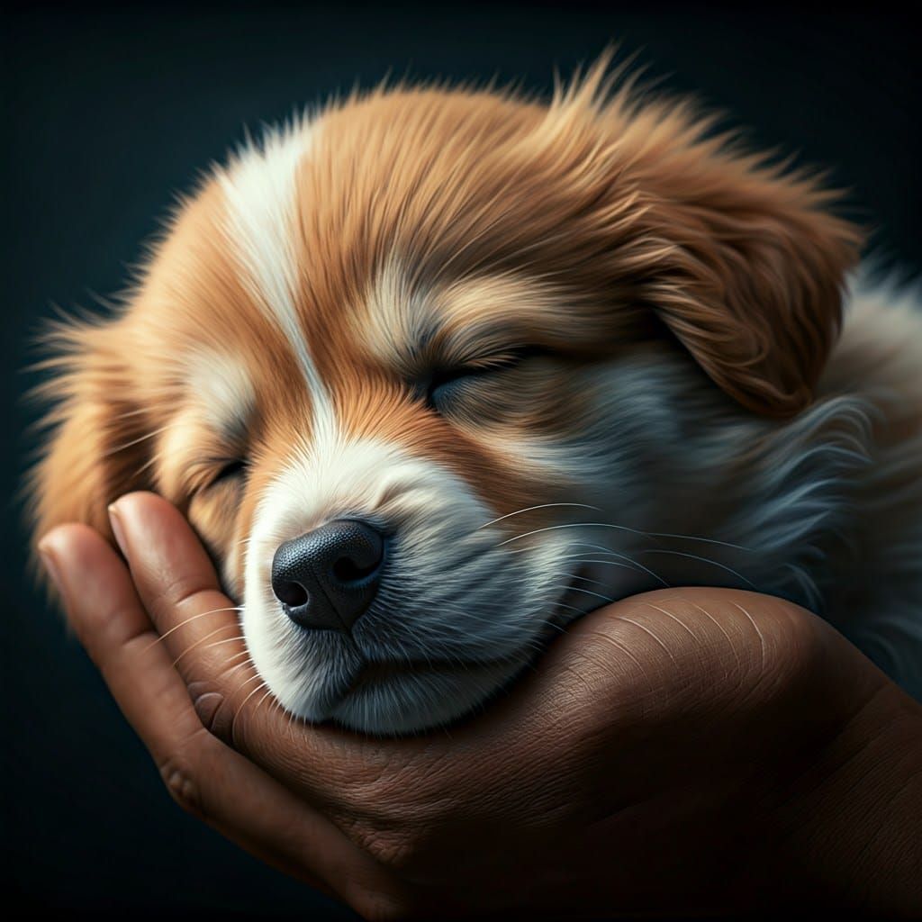 Fluffy Dog Sleeping Peacefully in Hand