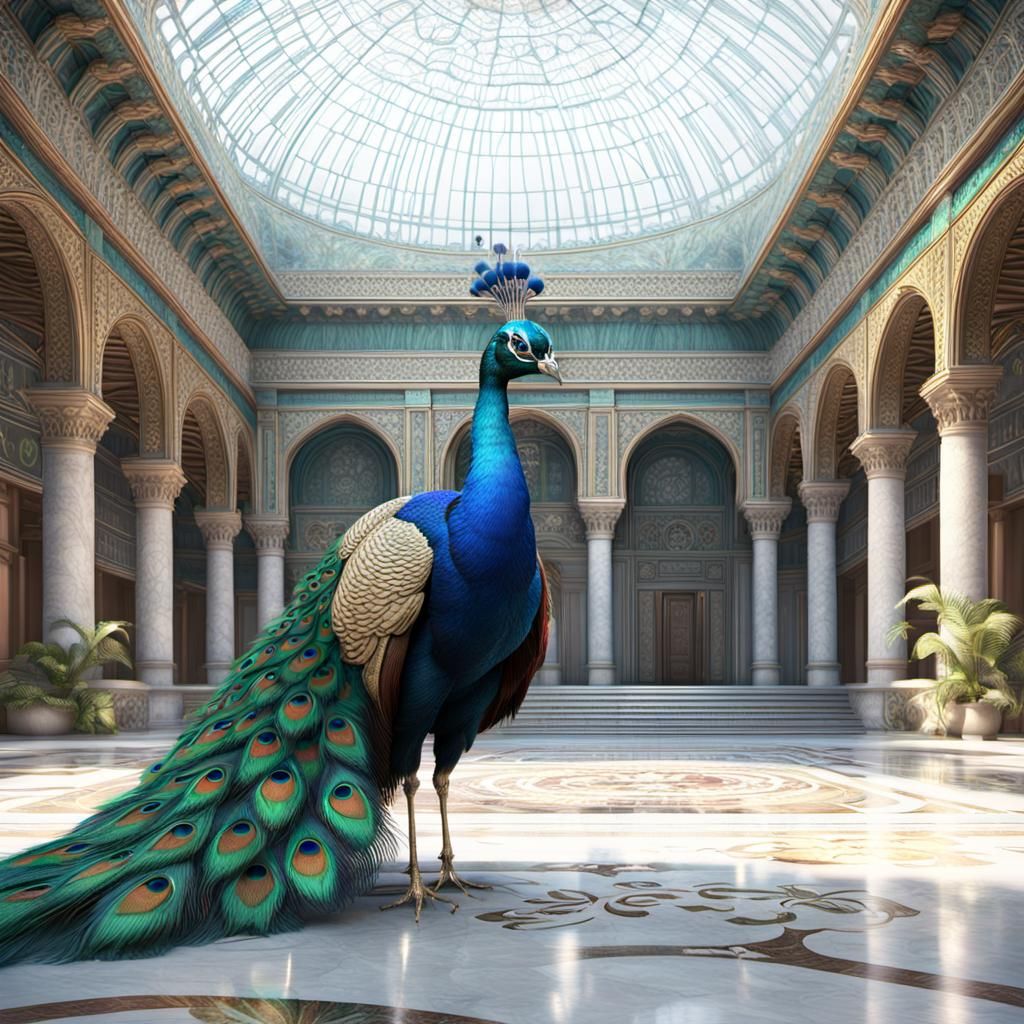 Peacock in a Palace Courtyard: An opulent palace courtyard w...