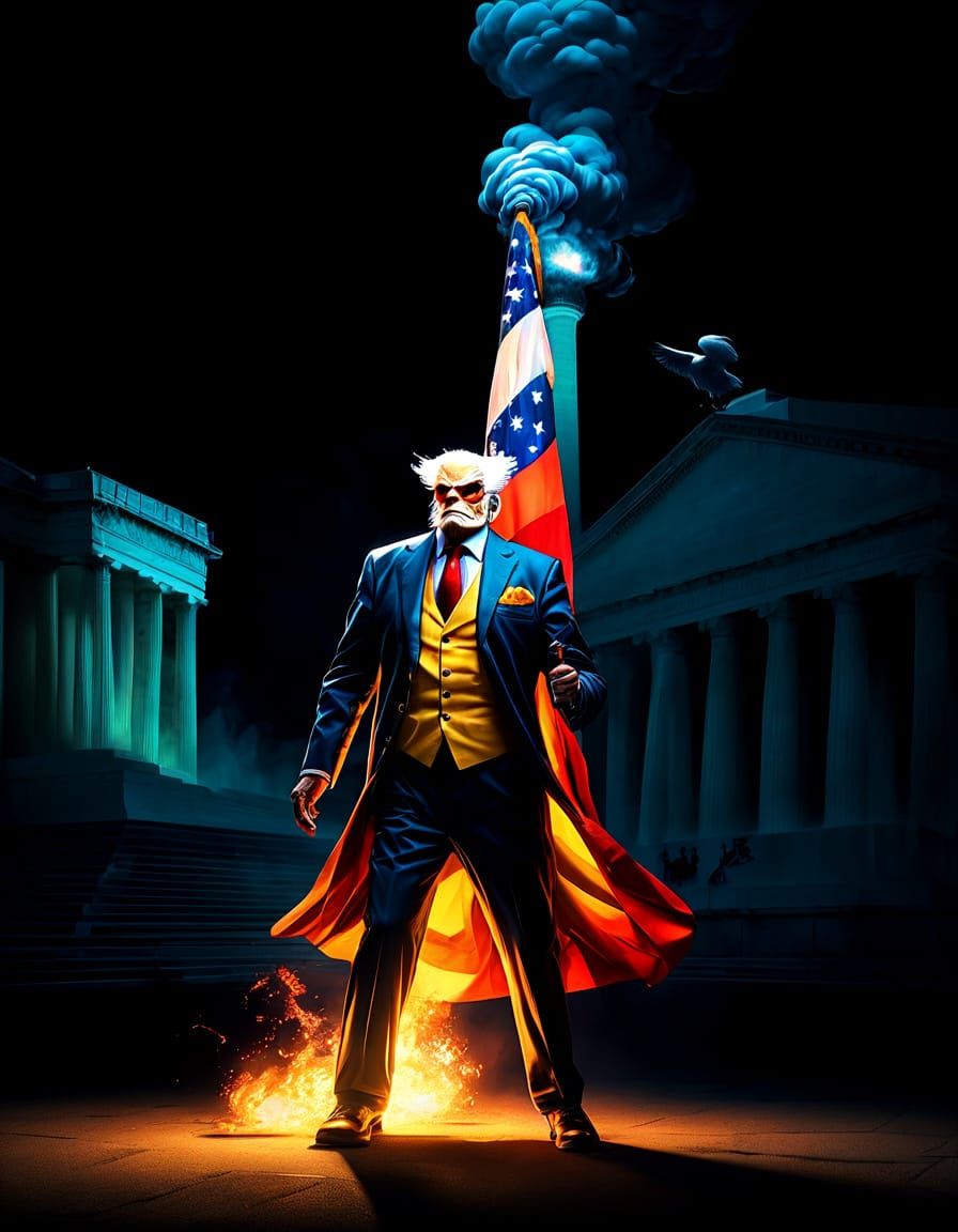 Angry Eagle Chasing Man Near Burning Capitol: 3D Render