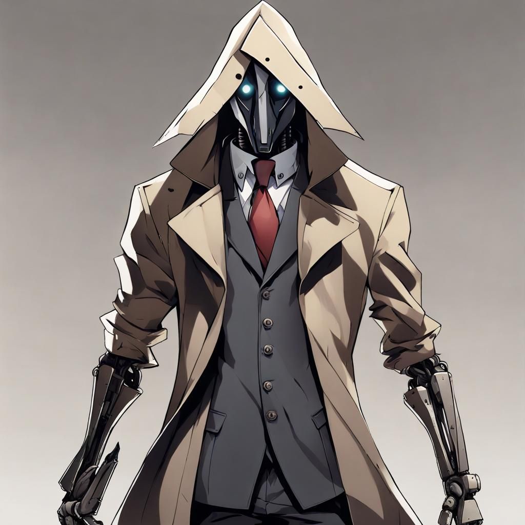 Male masked robot with trenchcoat, one eye, one arm and Pyra...