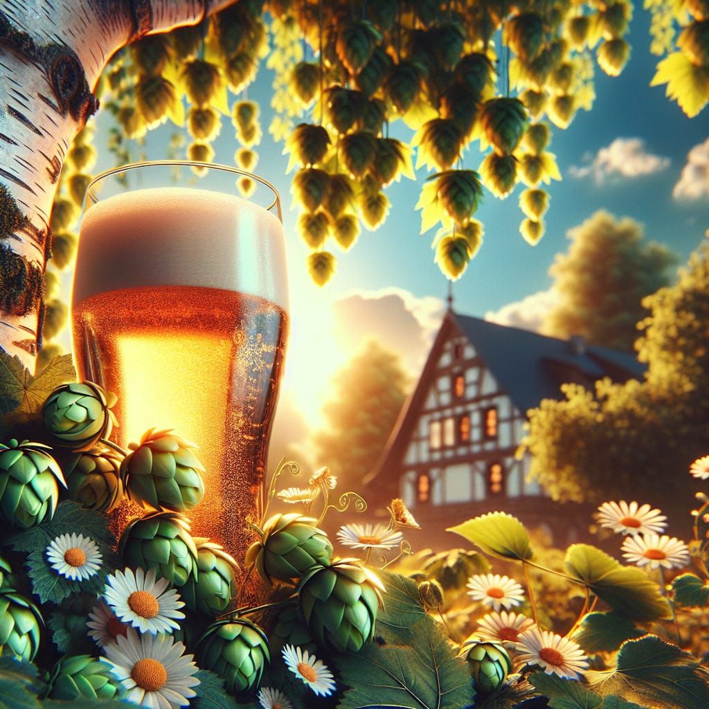 Midsummer, light Beer in a pintglas, hops, daises, Birch, Ge...