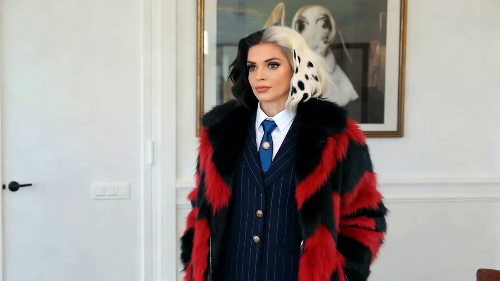 A realistic portrait of an attractive woman with slicked-back black and white hair, inspired by Cruella De Vil. She wear...