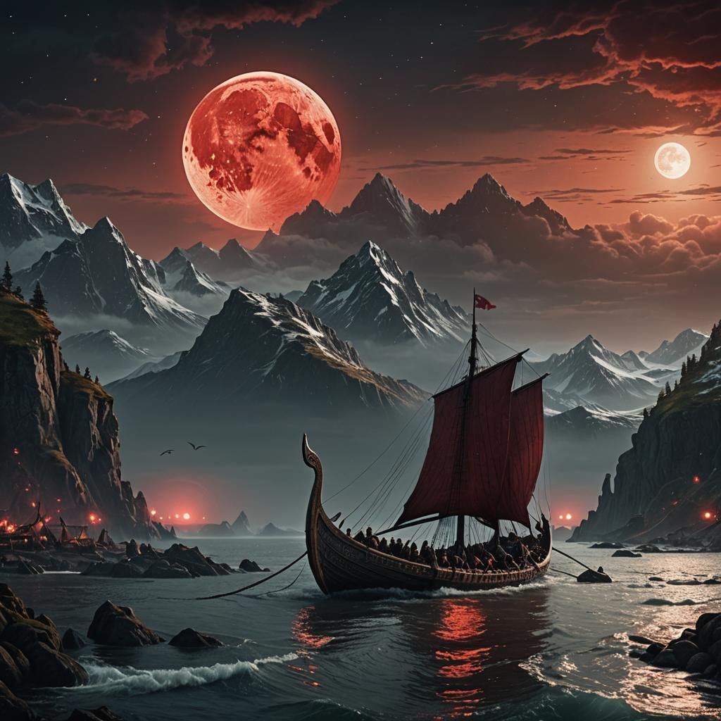 VIKING LONGBOAT EVEN RED MOON FAR
