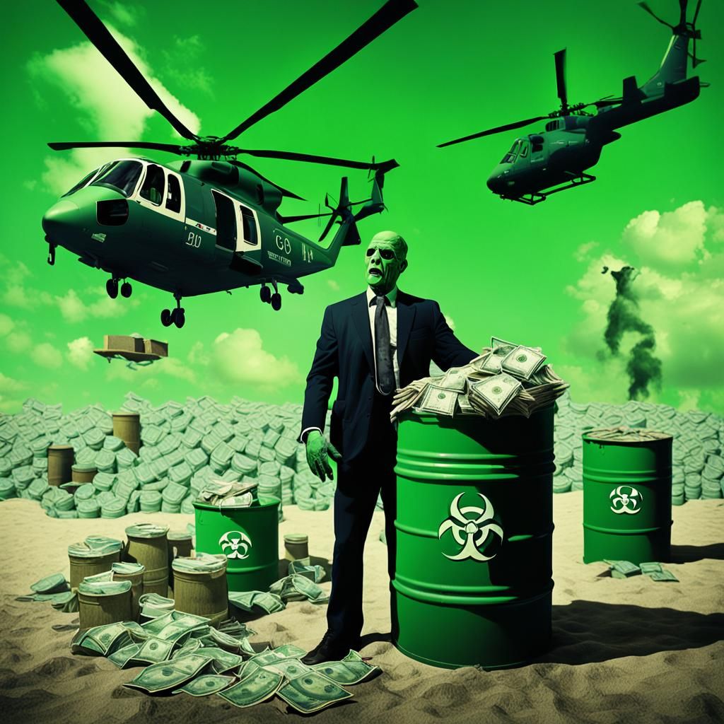 Big oiil spill beach zombie green sky Ed Repka style biohaza...