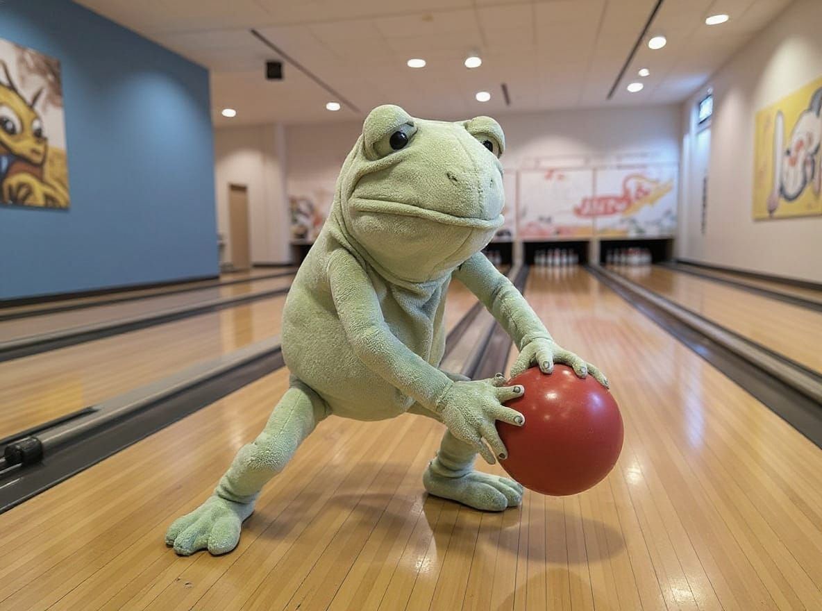 Let this frog bowl on a bowling rink, action shot shortly before the ball leaves the hand