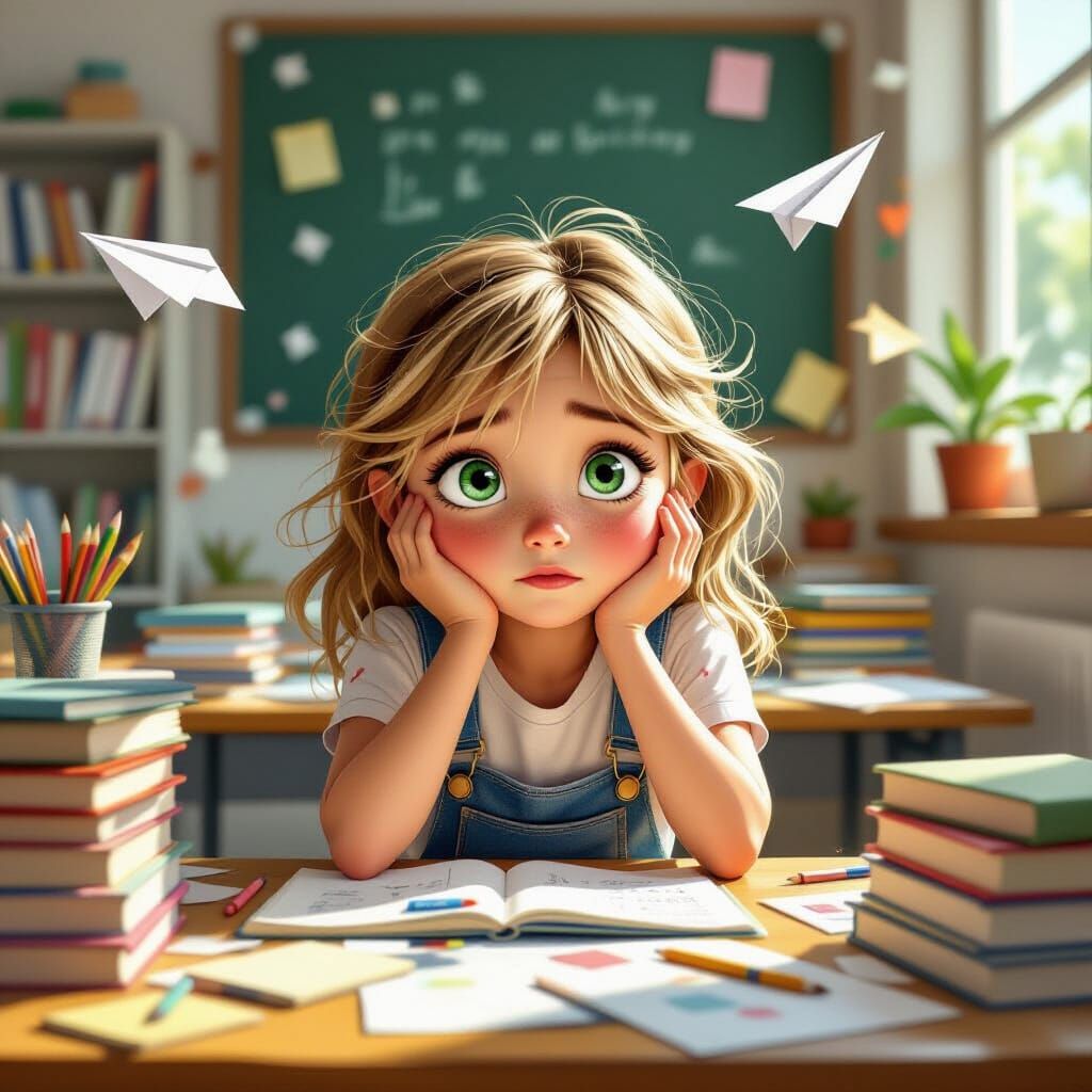 Girl With ADHD Struggling With Schoolwork in Expressive Illu...