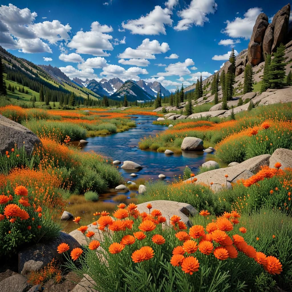 Water Color. Mountainous flowery meadows valley with stream at night