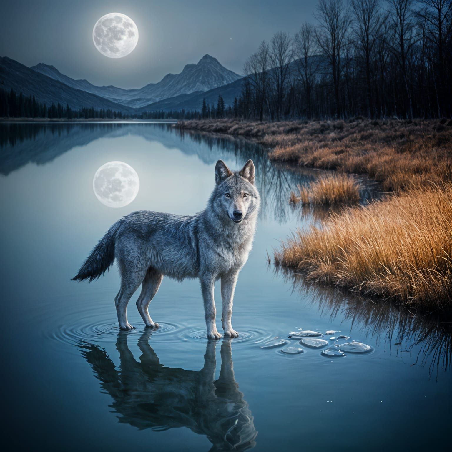 Wolf at the lake bathed in moonlight 