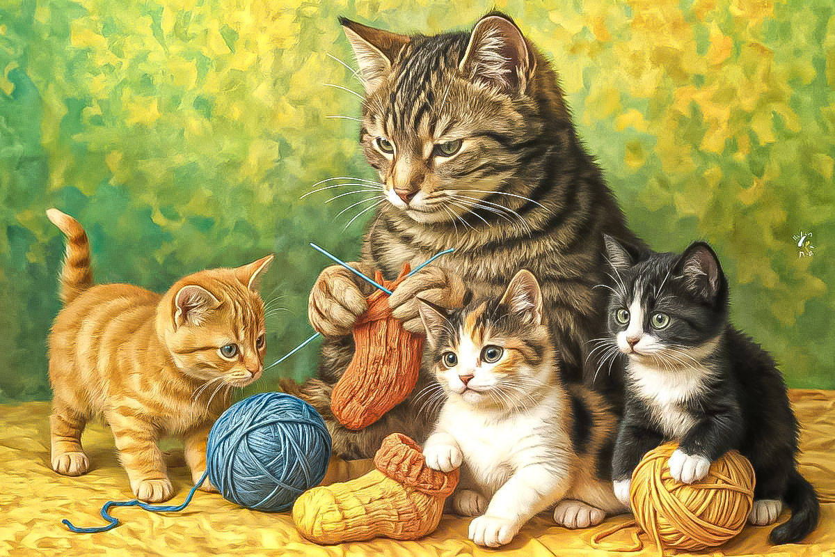 5 Images of a Mother Cat Knitting for her Kittens