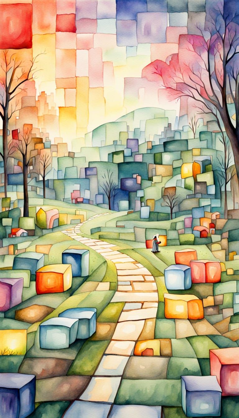 Watercolor painting. Wide shot. A fairy paints a landscape composed entirely of colorful squares, with ...  by @Matthew Convento