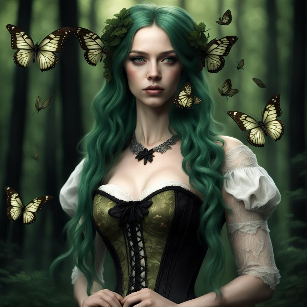 Emerald Haired Woman in Forest, Hyperrealistic Style
